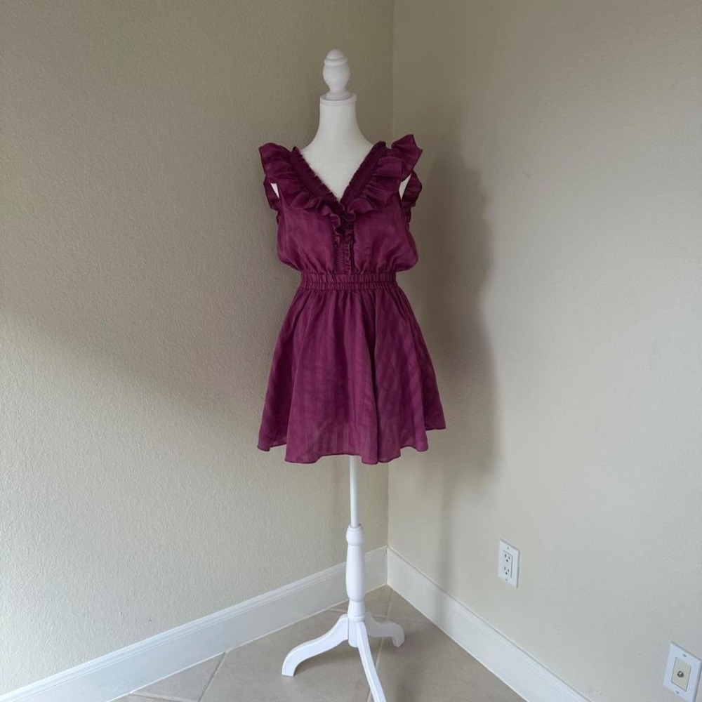 Shabby Chic Mini Dress Womens S Purple Ruffle V-Neck Elastic Waist Boho